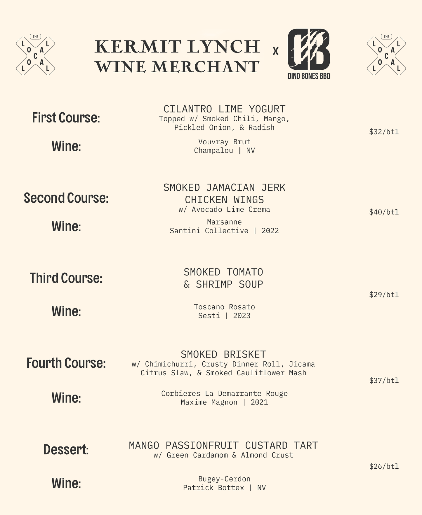 A Dinner w/ Wine Pairings: Hosted by Kermit Lynch's Lisa Strausser & DinoBones BBQ's Hannah Long  - 6pm-8pm - 3/13/25